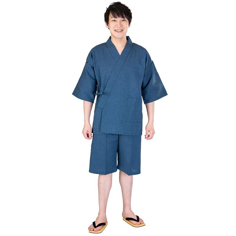 【新品】 [あい藍] 見た目も涼しい 洗える綿麻楊柳甚平 日本製 綿75％ 麻25％ (M, ブルー) 1