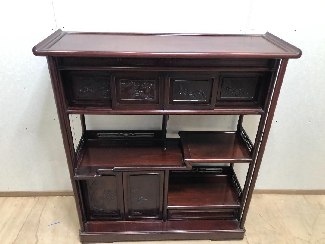 茶棚 茶箪笥 飾り棚 違い棚 茶道具透かし彫り 和箪笥 アンティーク ビンテージ 250309-1