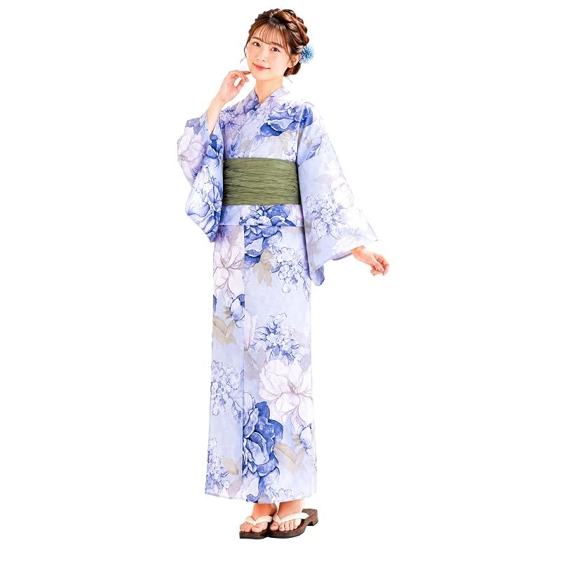【新品】 [NISHIORI] 浴衣 レディース 2点セット 兵児帯 綿100％ フリーサイズ 大人向け 上品デザイン 花火大会 夏祭り 盆踊り イベント用 ゆかた 女性用 (kmflat-06)