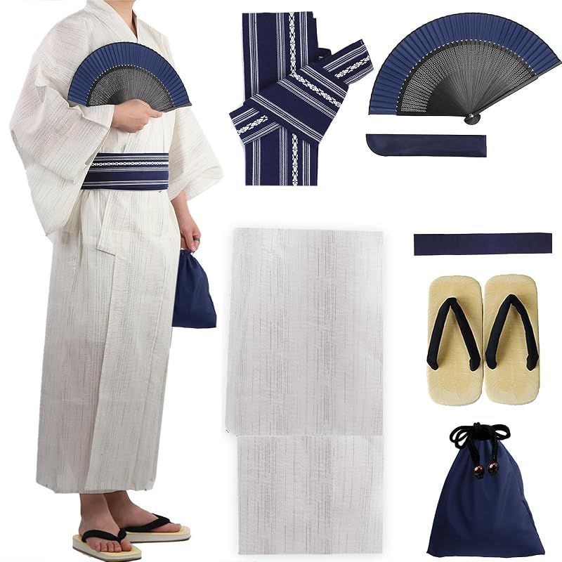 【新品】 [TOuWA] 浴衣セット メンズ 7点セット (男性浴衣 ワンタッチ角帯 信玄袋 腰紐 扇子 扇子入れ クッション雪駄) 大きいサイズ 着付け簡単 夏祭り 花火大会 イベント (白+紺M)
