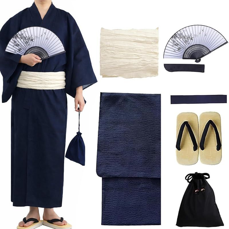 【新品】 [TOuWA] 浴衣セット メンズ 7点セット (男性浴衣 兵児帯 信玄袋 腰紐 扇子 扇子入れ クッション雪駄) 大きいサイズ 着付け簡単 夏祭り 花火大会 イベント (紺+生成M)