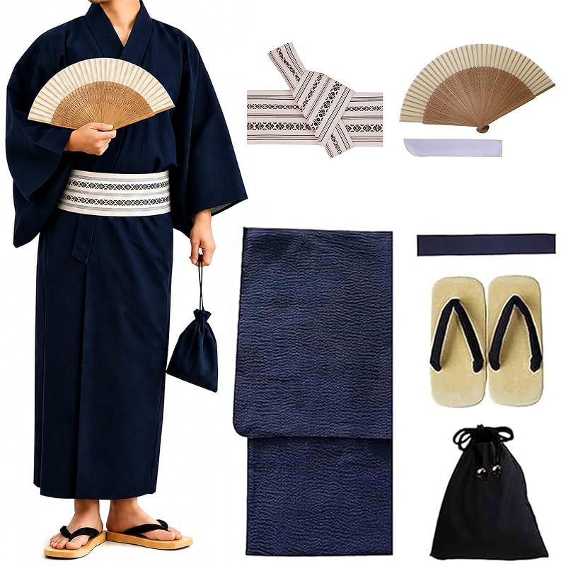 【新品】 [TOuWA] 浴衣セット メンズ 7点セット (男性浴衣 ワンタッチ角帯 信玄袋 腰紐 扇子 扇子入れ クッション雪駄) 大きいサイズ 着付け簡単 夏祭り 花火大会 イベント (紺+生成L)