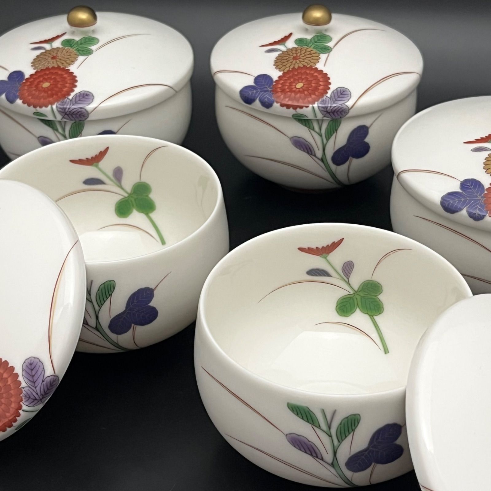 ◼︎美品◼︎【香蘭社 有田焼】色絵菊紋 蓋付湯呑 5客セット 金彩