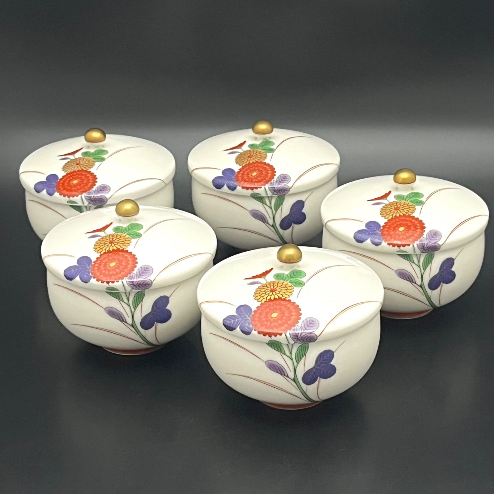 ◼︎美品◼︎【香蘭社 有田焼】色絵菊紋 蓋付湯呑 5客セット 金彩