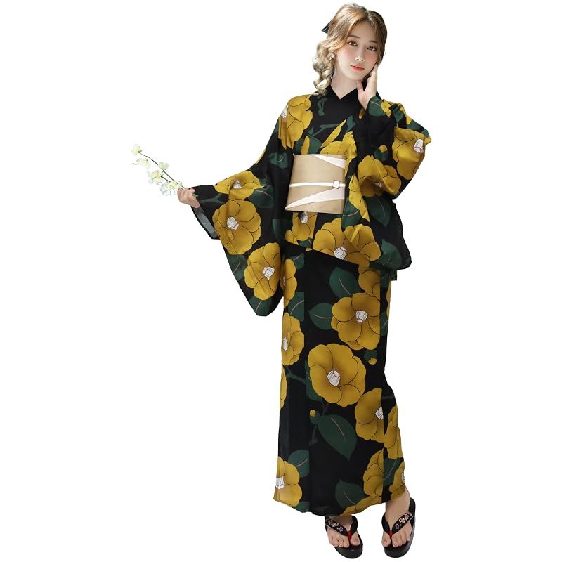 【新品】 [Aletta domani] 浴衣 レディース 変わり織 二部式 セパレート浴衣 リバーシブル帯 3way 高見え 2点セット(浴衣、半幅帯 リバーシブル) レディース 古典柄 花火大会 M サイズ 金椿（黒黄色）