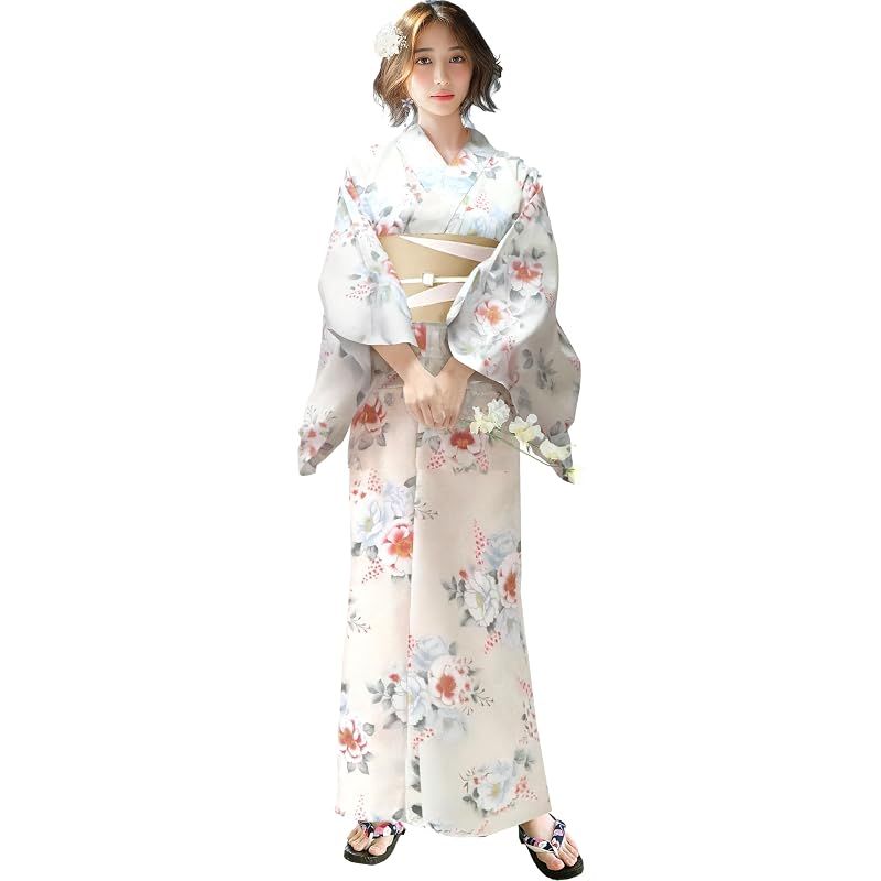 【新品】 [Aletta domani] 浴衣 レディース 2点セット 浴衣帯 セット 半幅帯 リバーシブル 綿100％ 簡単 可愛い モダン レトロ 古典柄 花火大会 さくらぼたん ベージュ 白 黄色