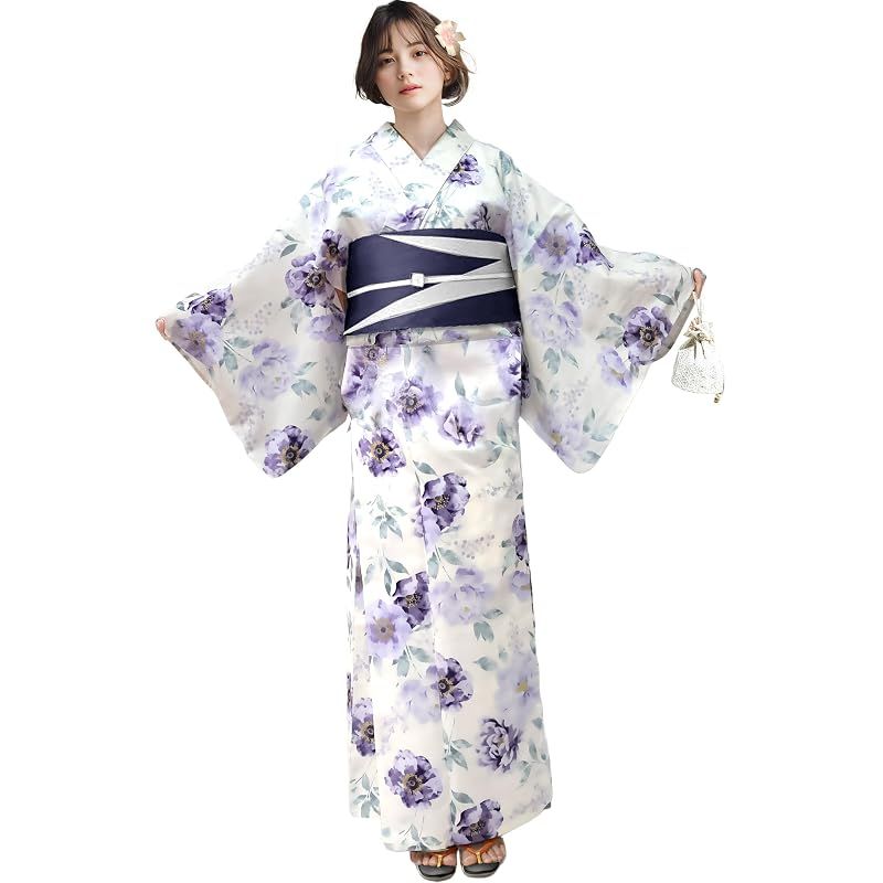 【新品】 [Aletta domani] 浴衣 レディース 2点セット 浴衣帯 セット 半幅帯 リバーシブル 綿100％ 簡単 安い モダン 可愛い 古典柄 花火大会 花重ね オフホワイト 紺 薄白