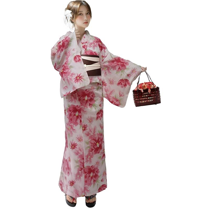 【新品】 [Aletta domani] 浴衣 レディース 2点セット 浴衣帯 セット 半幅帯 リバーシブル 綿100％ 古典柄 花火大会 紅八重椿 茶 ベージュ