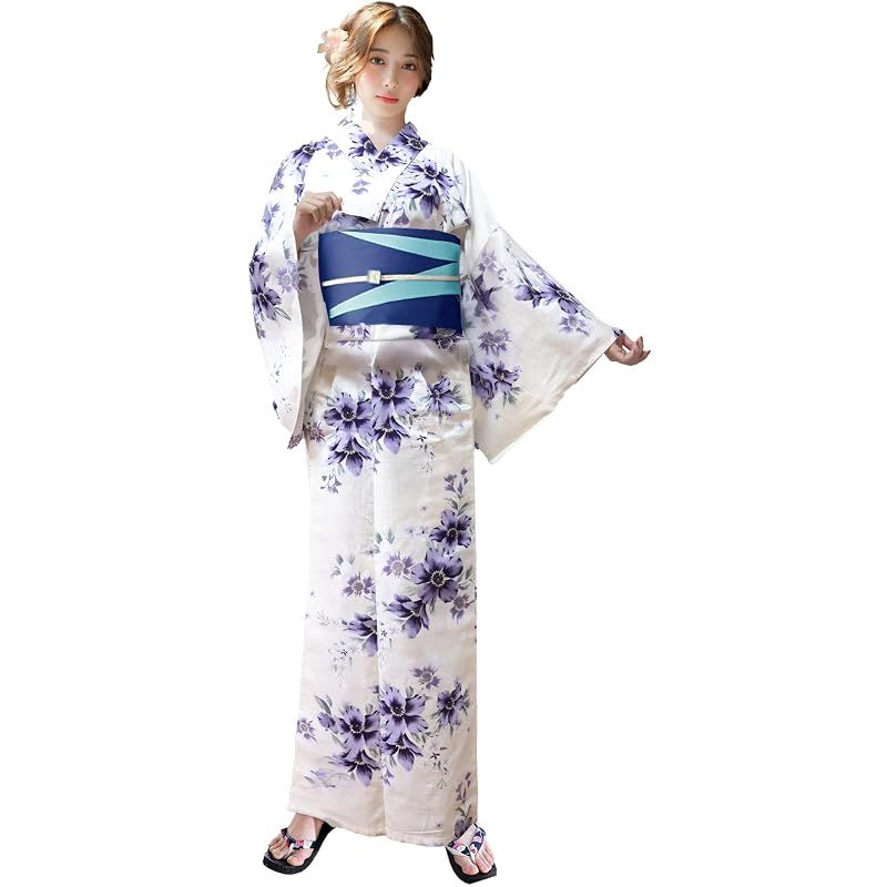 【新品】 [Aletta domani] 浴衣 レディース 2点セット 浴衣帯 セット 半幅帯 リバーシブル 綿100％ 古典柄 花火大会 追憶のクレマチス オフホワイト 紺 水色