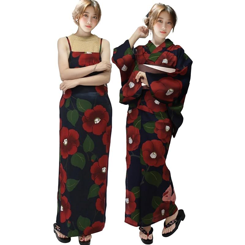 【新品】 [Aletta domani] 浴衣セット ワンピース 2点セット(浴衣、半幅帯 リバーシブル) レディース クールパス 涼しい 吸水速乾 花火大会 紺 紅 茶 ベージュ