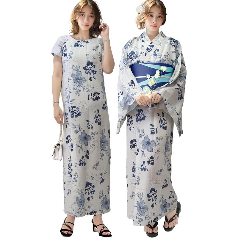 【新品】 [Aletta domani] 浴衣セット 変わり織 キャミワンピース 3点セット(羽織 ワンピース リバーシブル帯) 二部式 ２WAY セパレート 簡単 モダン かわいい 高見え オシャレ 半幅帯 古典柄 花火大会 夏祭り ホワイト ブルー 青 紺