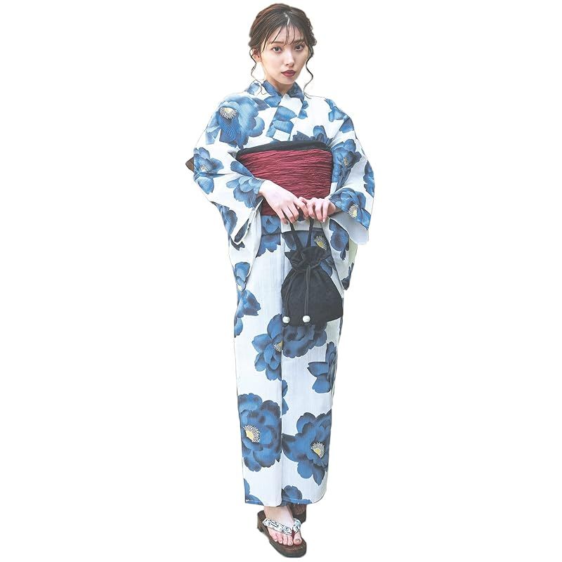 【新品】 （ディータ）Dita レディース 浴衣 5点セット 紺 青 赤 白 黄色 灰色 向日葵 椿 牡丹 藤 花 和風 レトロ 水彩 大柄 えらべる 1人で簡単着付け (8.湊色の幻想牡丹, FREE(フリーサイズ))