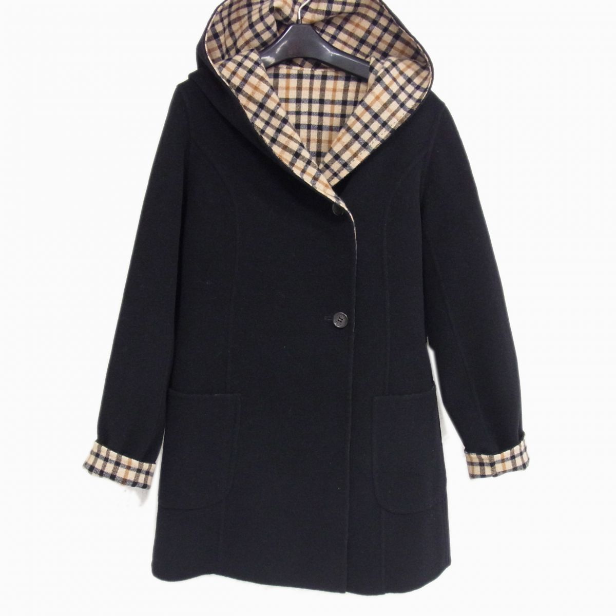 ◇DAKS LONDON ウール フーディ コート 裏ダックスチェック柄 ブラック