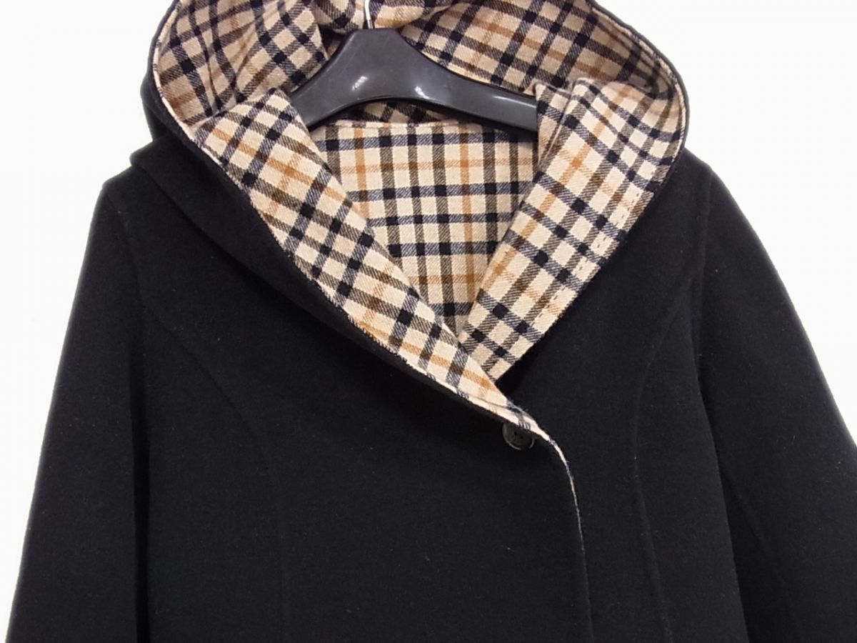 ◇DAKS LONDON ウール フーディ コート 裏ダックスチェック柄 ブラック