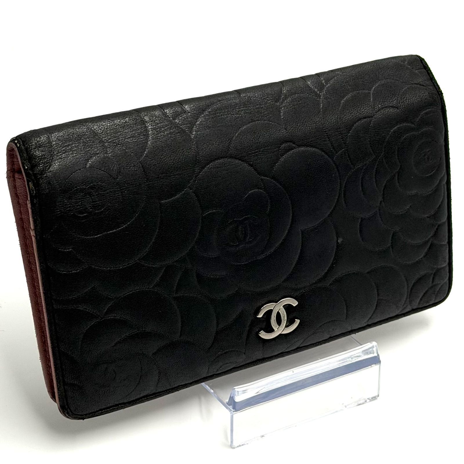シャネル CHANEL カメリア 二つ折り財布 お札入れ ラムスキン ココマーク シルバー金具 男女兼用 ブラック ピンク