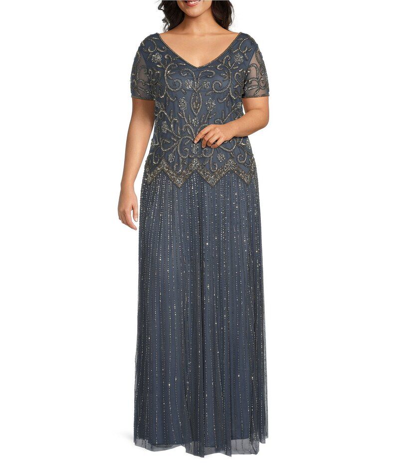 ピサッロナイツ レディース トップス ワンピース Vネック プラスサイズ キャップ Pisarro Nights Plus Size VNeck Cap Sleeve Beaded Sheath Go