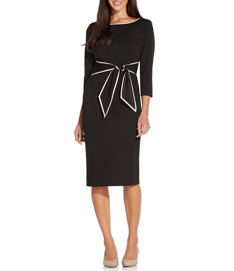 アドリアナ パペル レディース トップス ワンピース クレープ コントラスト Adrianna Papell Contrasting Trim Boat Neck 34 Sleeve Tie Wais
