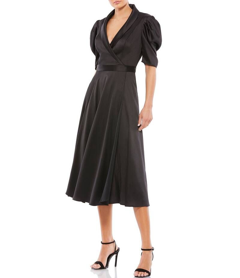 マックダガル レディース トップス ワンピース Vネック A ライン ミディワンピース ミディ サテン Mac Duggal Satin Surplice VNeck Short Puffed Sle