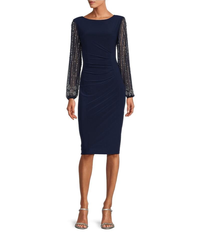 マリナ レディース トップス ワンピース ドレープ レース Marina Round Neck Beaded Lace Long Sleeve Side Drape Sheath Dress Navy