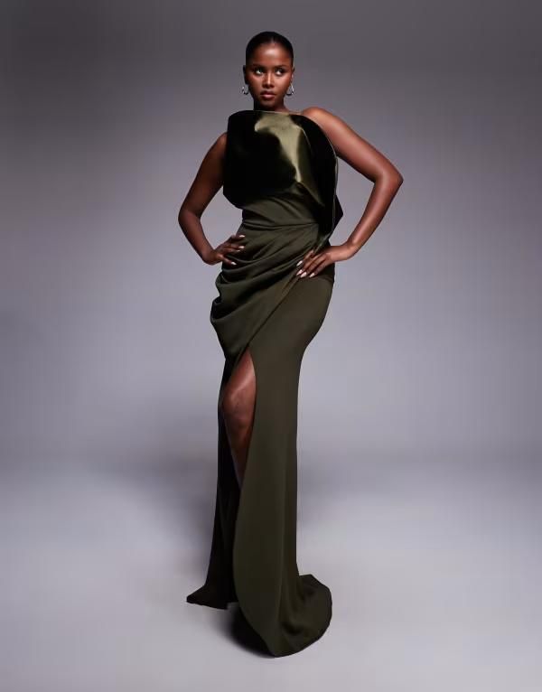 エイソス レディース トップス ワンピース マキシ ASOS DESIGN Premium red carpet maxi dress withighip detailing Khaki カーキ