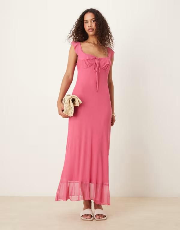エイソス レディース トップス ワンピース メッシュ ミディ ASOS DESIGN mesh double frill midi tea dress PINK ピンク