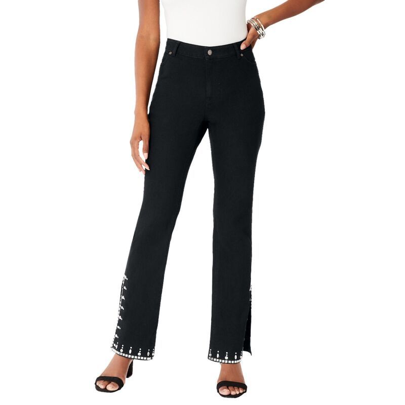 ロアマンズ レディース ボトムス デニムパンツ プラスサイズ Roamans Womens Plusize Invisible Stretch RhinestoneDetail Split Flare