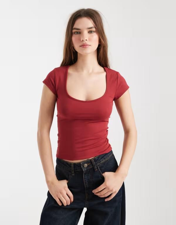 コットンオン レディース トップス シャツ Vネック Cotton vneck short sleeve top in cranberry cider CRANBERRY CIDER