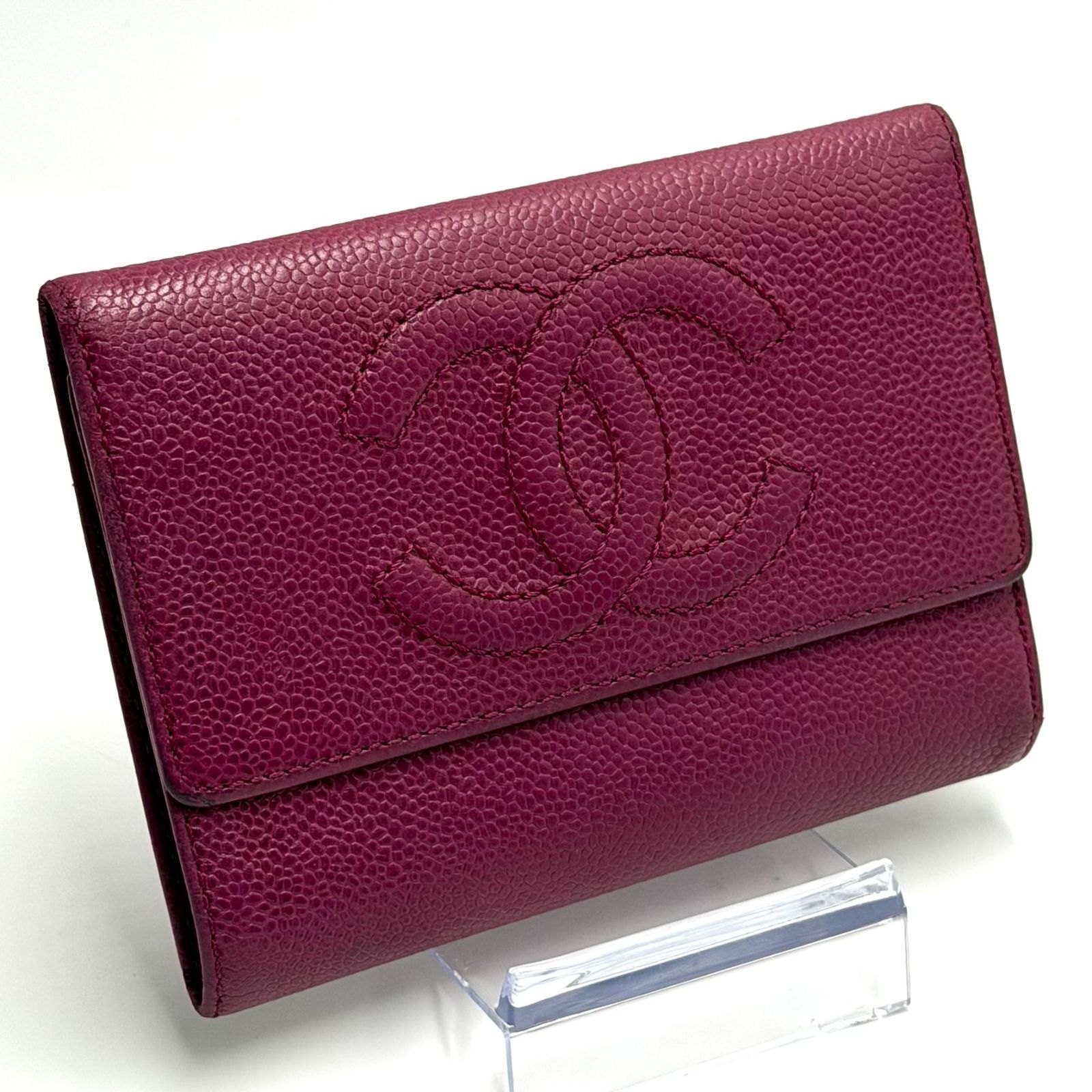 シャネル CHANEL キャビアスキン 三つ折り財布 お札入れ ゴールド金具 レディース ピンク