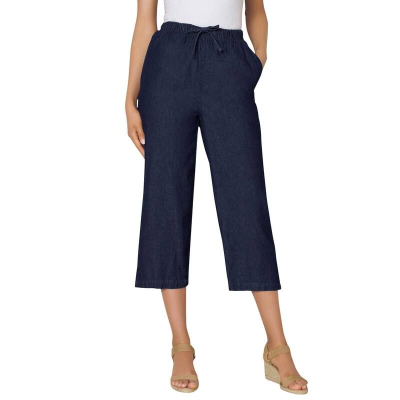 ウーマン ウィズイン レディース ボトムス カジュアルパンツ プラスサイズ デニム キャップ Woman Within Plusize Drawstring Denim Caprindigo インディ