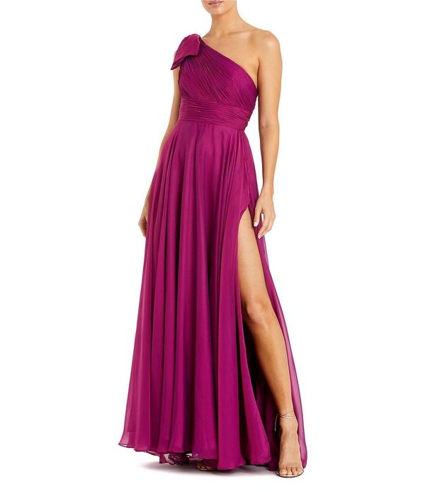 マックダガル レディース トップス ワンピース シフォン A ライン プチ ギャザー Mac Duggal Petite Size Bow One Shoulderuched Bodice Chiff