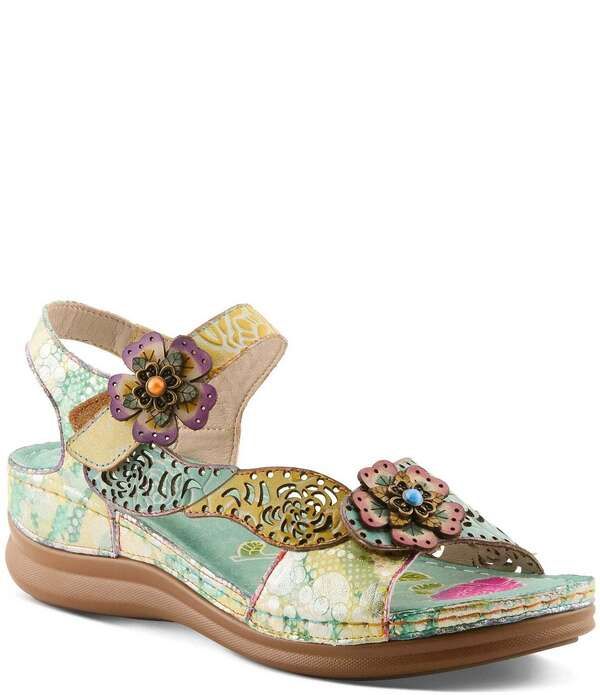 ラリティステ レディース シューズ サンダル フラワー柄 レザー フラワー LARTISTE Script Floral Embossed Leather Wedge Sandals Mint Gre