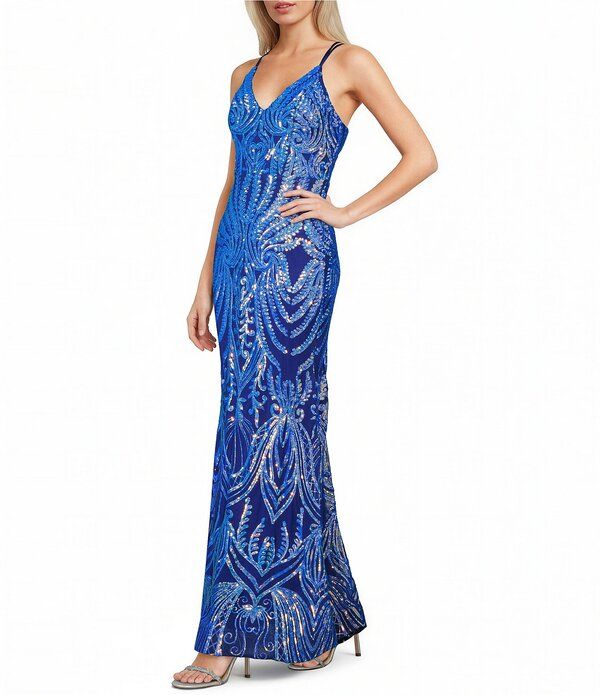 ミッドナイト ドール レディース トップス ワンピース Vネック メッシュ スパンコール Midnight Doll Sequin Patterned Mesh VNeck Dress Royal M