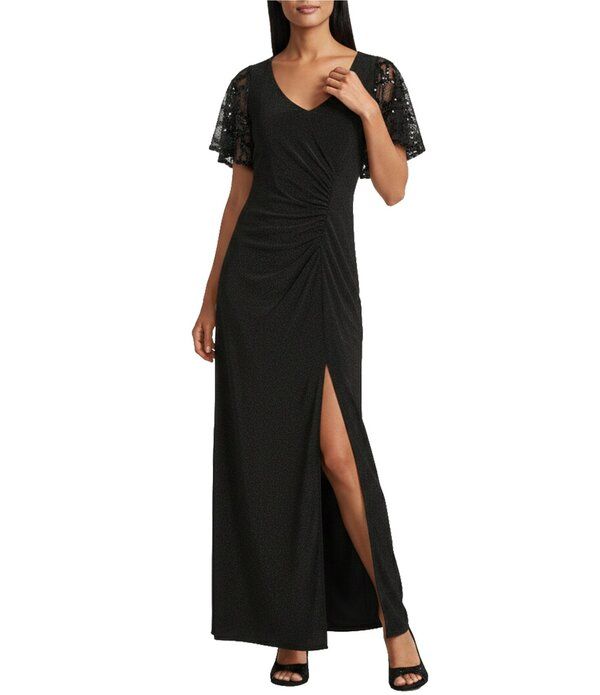 ルボ レディース トップス ワンピース Vネック スパンコール レース Le Bos ITY Lace Sequin Trim VNeck Flutter Sleeve Column Gown Bla