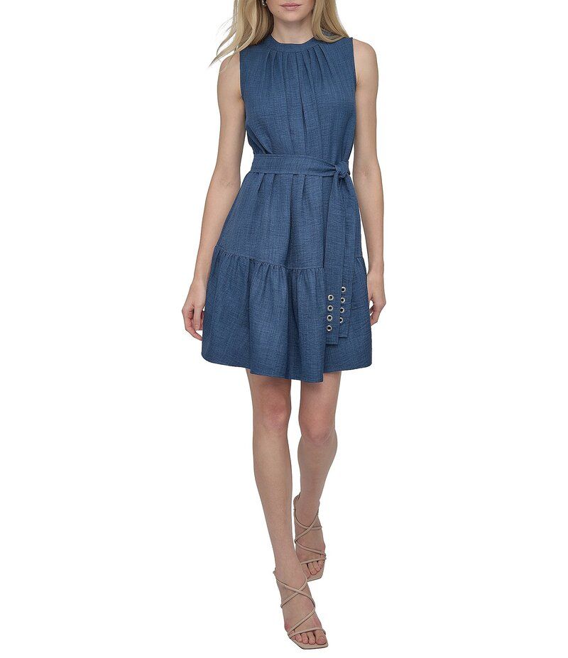 ダナキャラン レディース トップス ワンピース クルーネック プリーツ ノースリーブ DKNY by Donna Karan Sleeveless Pleated Crew Neck Fit and