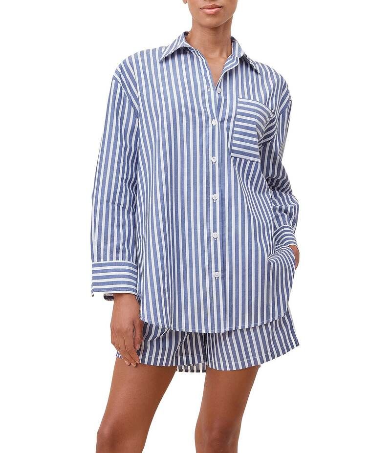パピネール レディース アンダーウェア ナイトウェア Papinelle Striped Long Sleeve Notch Collar Shorty Woven Pajama Set BlueWh