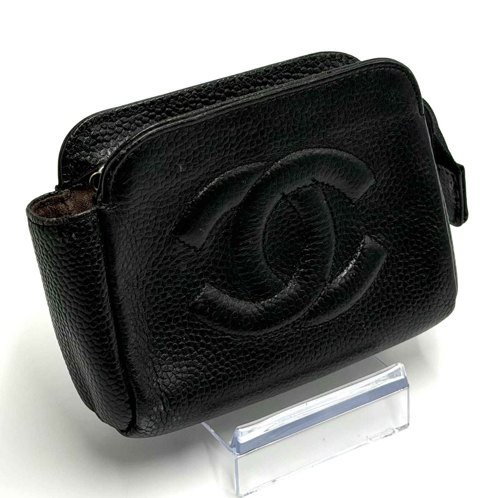 シャネル CHANEL キャビアスキン ポーチ 小物入れ コンパクト ゴールド金具 男女兼用 ブラック レザー