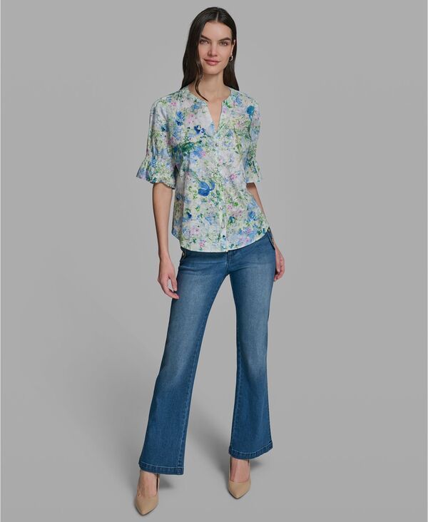 カール ラガーフェルド レディース トップス シャツ Vネック プリント 半袖 KARLAGERFELD PARIS WomenshortSleeve VNeck Printed Shirt Sky