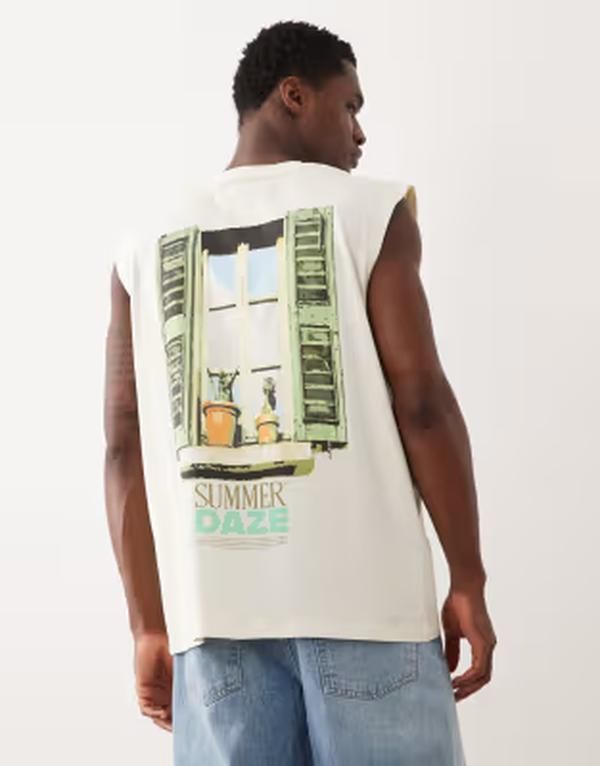 ジャック アンド ジョーンズ メンズ トップス ベスト プリント Jack Jones oversize tank with summer daze back print Antique White