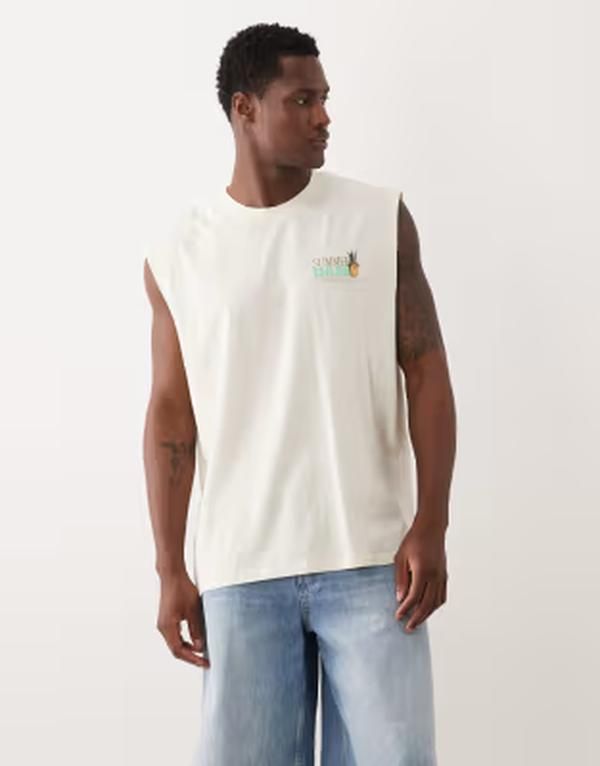 ジャック アンド ジョーンズ メンズ トップス ベスト プリント Jack Jones oversize tank with summer daze back print Antique White ジャック アンド ジョーンズ メンズ トップス ベスト プリント Jack Jones oversize tank with summer daze back print Antique White