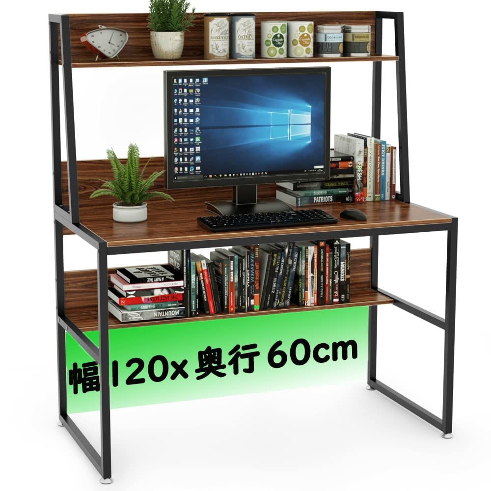 DEWEL パソコンデスク ハイタイプ ワークデスク 幅120cm 奥行60cm ラック付き テレワーク用 木製 勉強 PC デスク 収納ラック付き ワーク 机 メラミン加工 省スペース アジャスター付き 学習机 作業机 シンプル 120X60X140cmｍａ