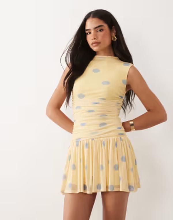 エイソス レディース トップス ワンピース ドット柄 ドット プリント ギャザー ミニ ASOS DESIGN printed polka dot ruchedrop waist circle min