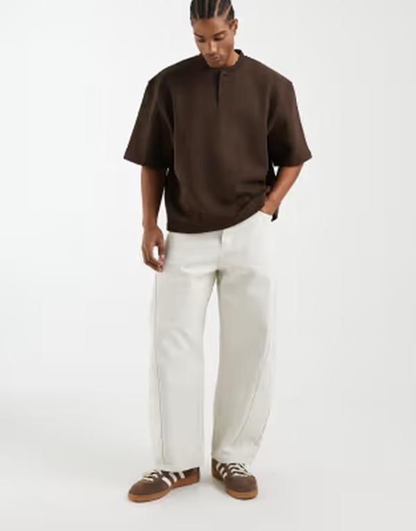 エイソス メンズ アウター パーカー・スウェット シャツ ASOS DESIGN relaxed henley sweatshirt with 34 sleeve BROWN ブラウン エイソス メンズ アウター パーカー・スウェット シャツ ASOS DESIGN relaxed henley sweatshirt with 34 sleeve BROWN ブラウン
