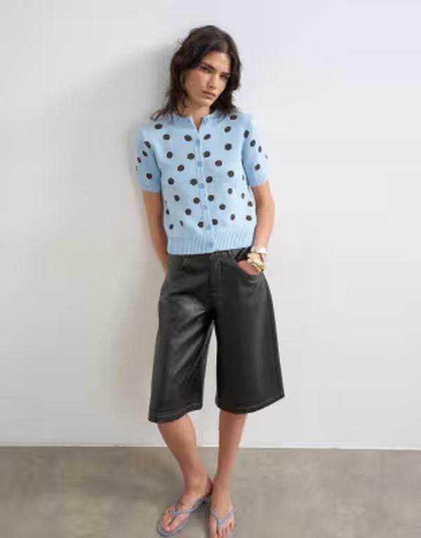 トップショップ レディース アウター カーディガン ドット柄 ドット ニット Topshop knit short sleeve polka dot cardigan Light Blue ブルー