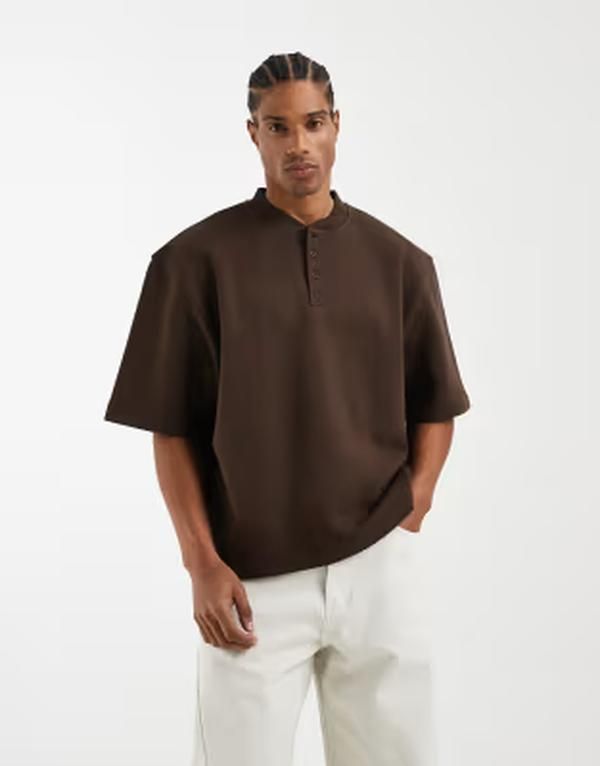 エイソス メンズ アウター パーカー・スウェット シャツ ASOS DESIGN relaxed henley sweatshirt with 34 sleeve BROWN ブラウン