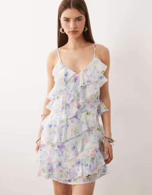 ヴィラ レディース トップス ワンピース フラワー柄 プリント フリル ミニ フラワー VILA ruffle camini dress floral print Cloudancer blue ブル