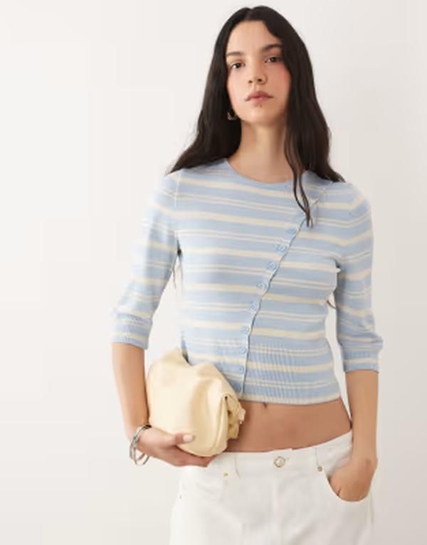 エイソス レディース アウター ニット・セーター アシンメトリー カーディガン ASOS DESIGN fine knit asymmetrical cardigan stripe Blue stri