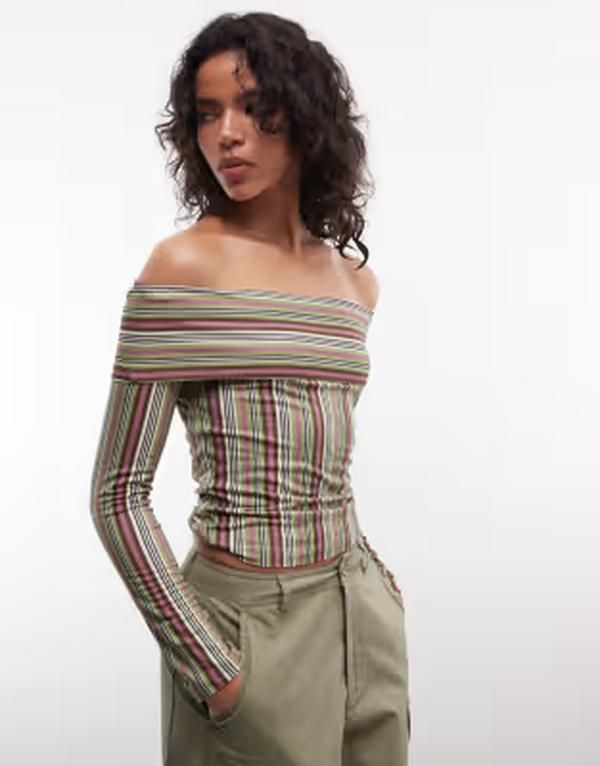 リクレイム ヴィンテージ レディース トップス シャツ Reclaimed Vintage off shoulder long sleeve top in retro stripes Green St