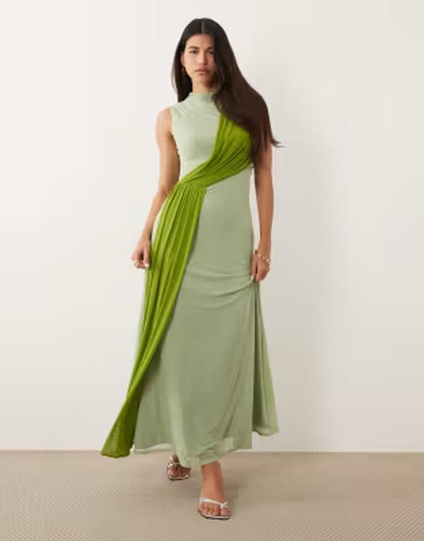 エイソス レディース トップス ワンピース メッシュ マキシ ASOS DESIGN color block mesh maxi dress with sash detail in sage GREE
