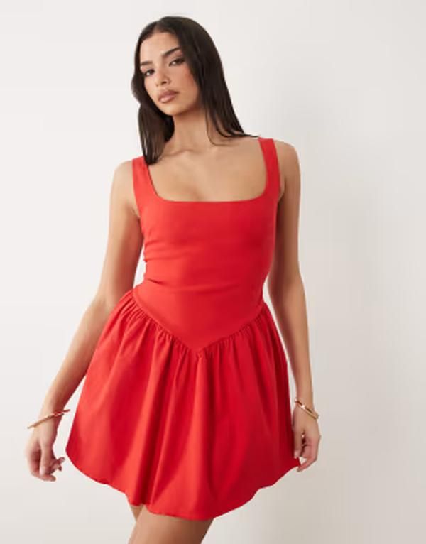 ベスパー レディース トップス ワンピース ミニ Vesper bengaline square neck skater mini dress RED レッド