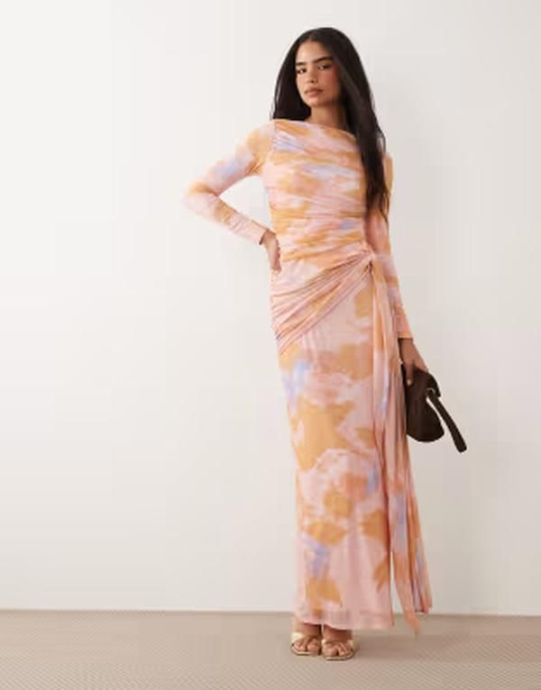 エイソス レディース トップス ワンピース フラワー柄 メッシュ マキシ フラワー ASOS DESIGN mesh long sleeve maxi dress in orange floral O